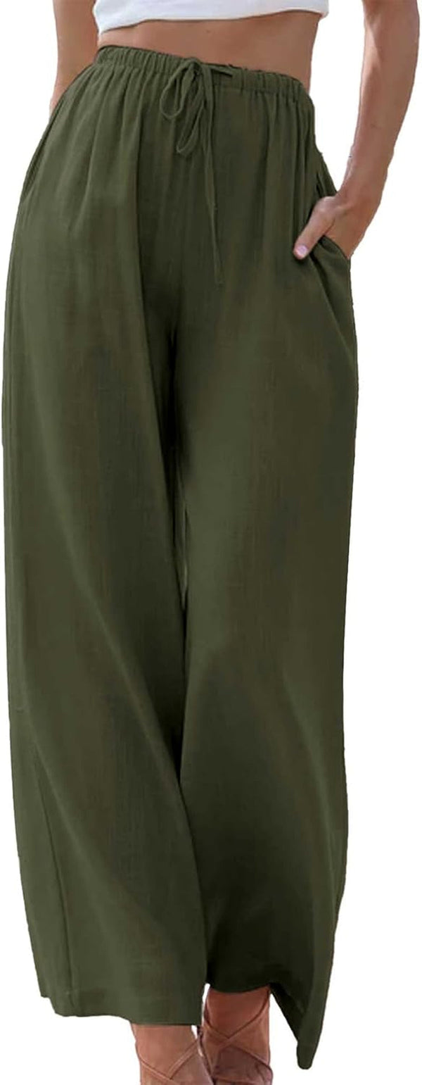 Womens Cotton Linen Palazzo Pants Drawstring Elastic Waist Casual Wide Leg Trousers with Pockets