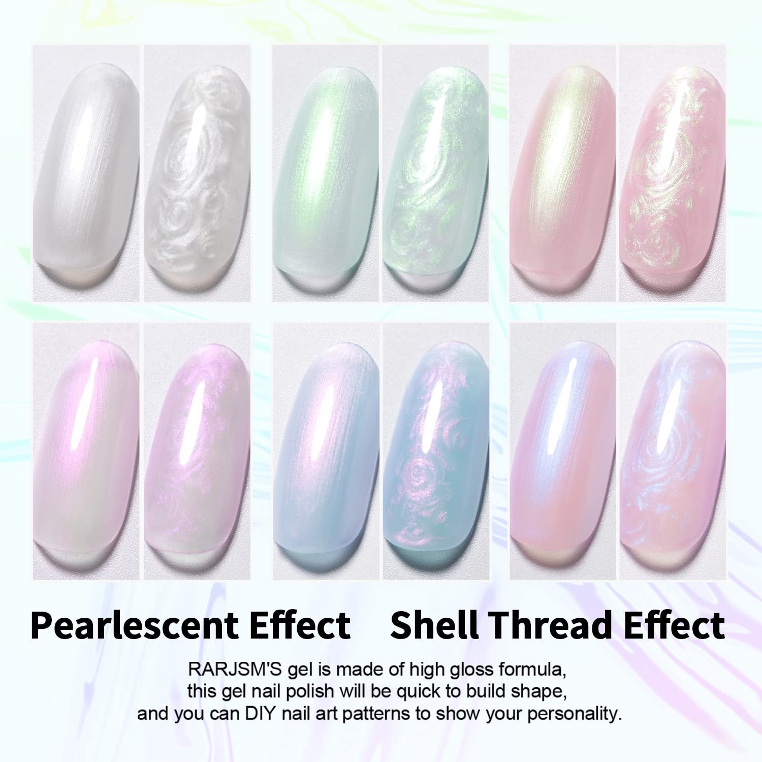 Pearl Gel Nail Polish Set Clear Shell Glitter Gel Polish 6 Colors Pearlescent Pink White Blue Purple Silver Gold Shimmer Mermaid Swirl Thread Effect LED UV Soak Off Curing Requires Home Salon