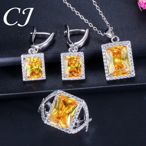 CANDICE Top Grade Bright Square Yellow Pave Sterling Silver Pendant Necklace Earrings and Ring with Tiny CZ Stone Jewelry 3 Pcs Sets for Women Dress Accessories