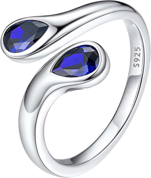 Silver Birthstone Ring for Women, Dainty Sterling Silver Teardrop Ring Open Adjustable Band Ring, Love Statement TOI Et Moi Ring Promise Ring for Her