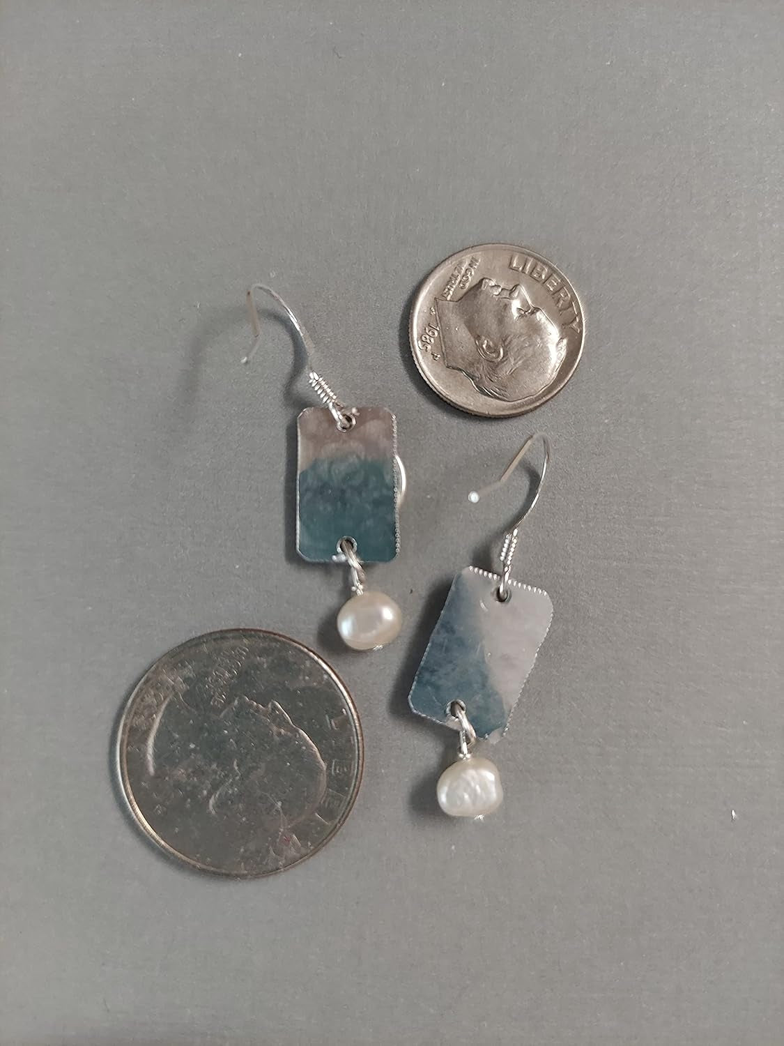 Handmade Lightweight Silvertone Sapphire Blue and White Pearl Rectangle Drop Womens Earrings