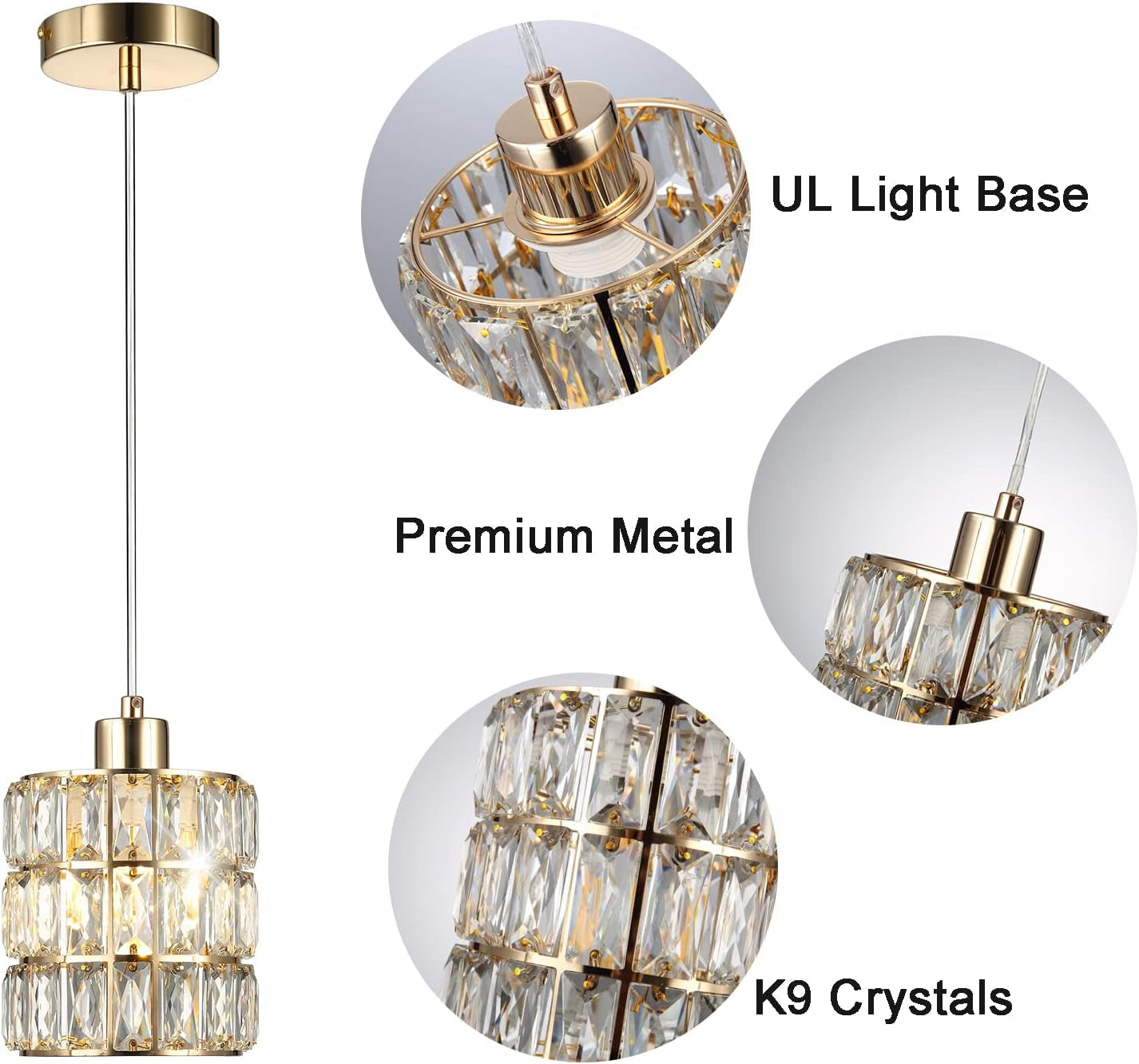 Gold Crystal Pendant Light, Pendant Lights Kitchen Island 3 Pack, Adjustable Modern Pendant Light, Hanging Light Fixtures for Dining Room Entryway Living Room Bar