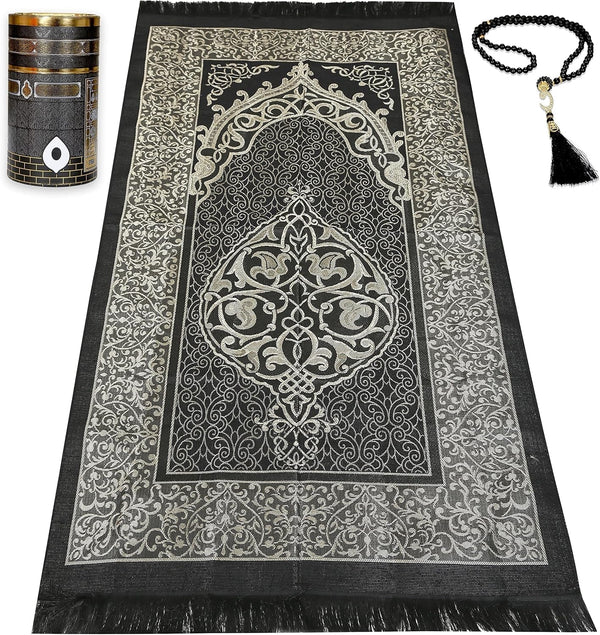 Muslim Prayer Rug Islam and Beads, Kaabe Design Box Eid Ramadan Gifts Islamic Set Carnal Salah Mat Taffeta Fabric Black Soft Prayer Mats Men and Women (Black)