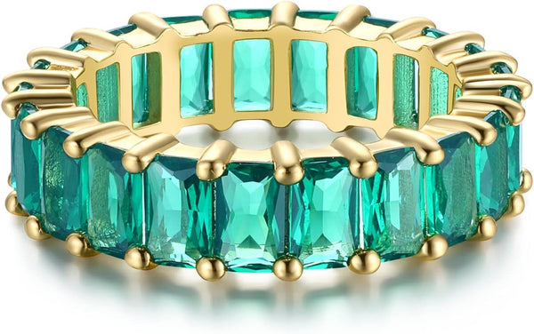 Green Emerald Band (5 Carat) 18K Gold Plated Claw Prong | Rectangle Emerald Cut Eternity Band CZ Ring