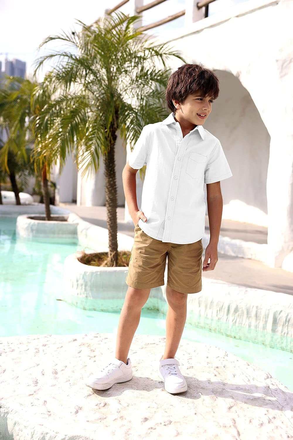 Boys' Long Sleeve Dress Shirts Classic Collared Button-Down Tshirt Solid Cotton Top with Chest Pocket