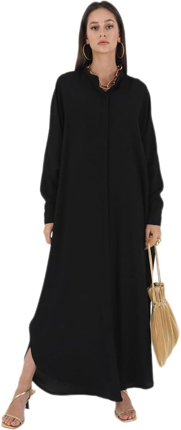 Muslim Dresses for Women Abaya Button down Henley Shirt Prayer Dress Batwing Long Sleeve Middle East Arabian Robe