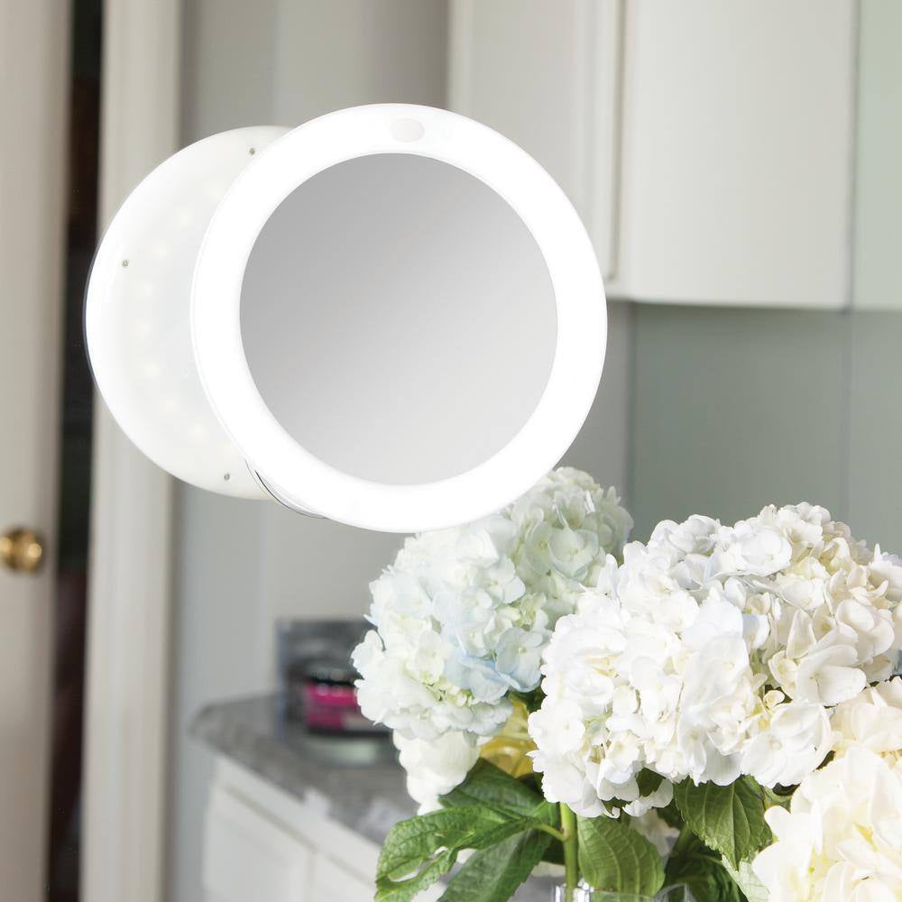 7.75 In. L X 6.5 In. W LED Lighted round Suction Cup Wall Mount 10X Magnification Beauty Makeup Mirror in White