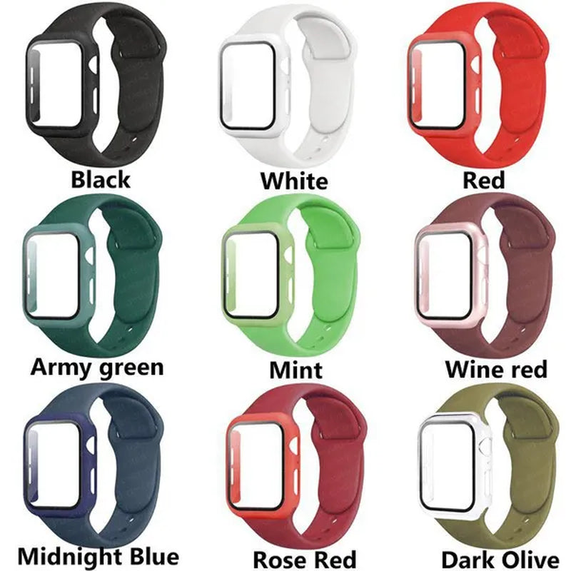 LEIXIUER Tempered Glass with Case Sport Silicone Strap for Smart Watch series  8 7 6 SE 2 3 4 5 1 for Smart Watch45mm 41mm 44mm 40mm 38mm 42mm 44 mm Sport Soft screen protector band bracelet（ Case and strap are packaged separately !）