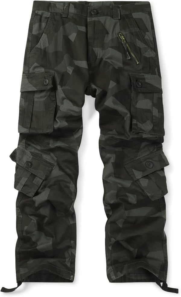 Men'S Cotton Casual Cargo Work Pants Baggy Camo Tactical Combat Trousers with 8 Pockets (No Belt)