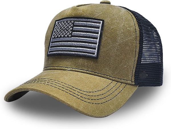 Tennis Cap American Flag Embroidered Baseball Cap Adjustable Trucker Cap for Both Men and Women Khaki