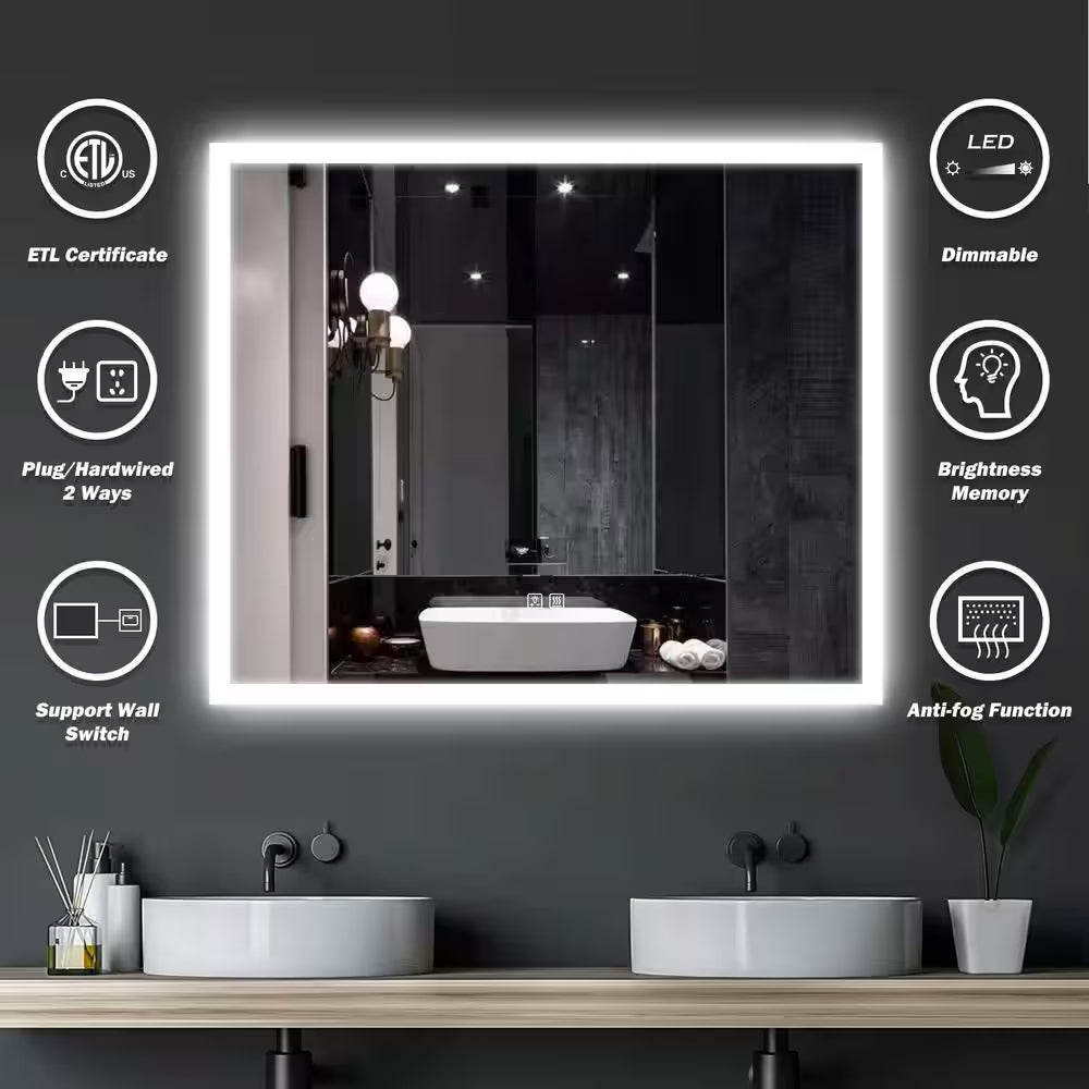 36 In. W X 30 In. H Rectangular Frameless LED Light with 3-Color and Anti-Fog Wall Mounted Bathroom Vanity Mirror