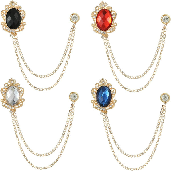 4PCS Rhinestone Vintage Brooch Lapel Pin Chain Suit Tassel Collar Hanging Chains for Shirts Badge Tuxedo Accessories Scarf Tie Pins for Women Men Birthday Gift