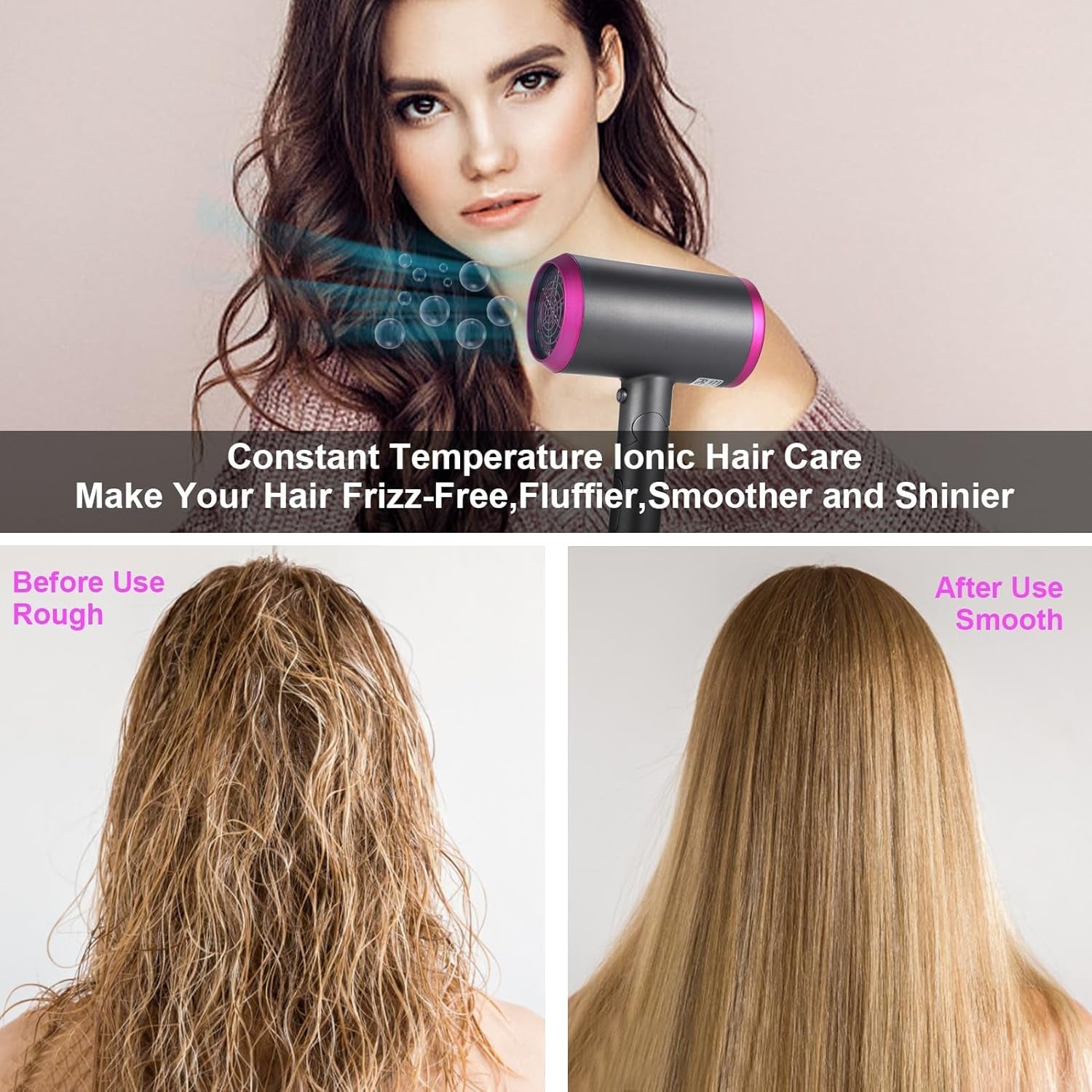 1800W Hair Dryer Professional Salon Anion Hair Dryer with Attachment Diffuser & Nozzles, 2 Speeds Fast Dry with Constant Temperature, Home Use Portable Foldable Hair Dryer