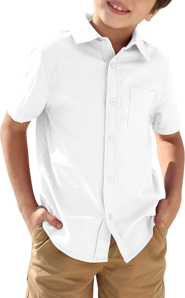 Boys' Long Sleeve Dress Shirts Classic Collared Button-Down Tshirt Solid Cotton Top with Chest Pocket