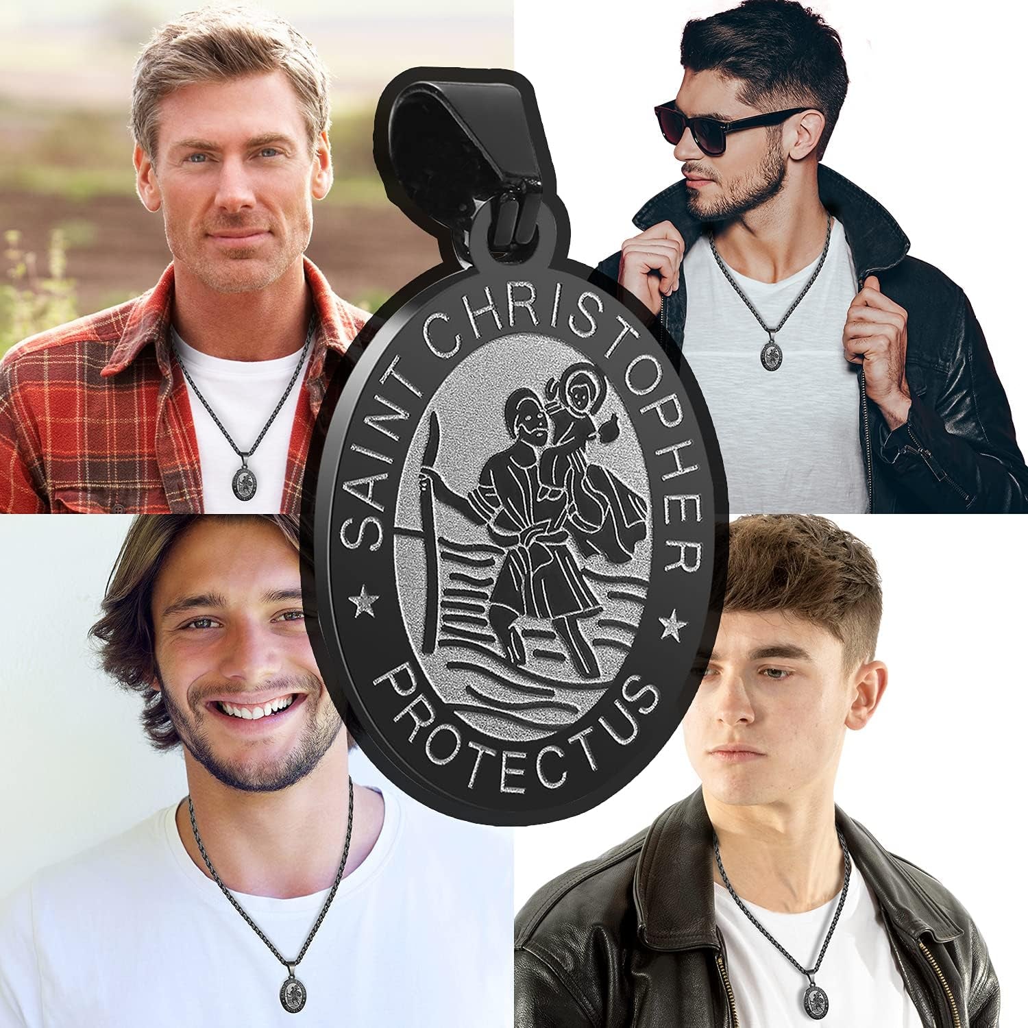 Oval Saint Christopher/Michael/Joseph/Virgin Mary/Florian/Jude Pendant Medal Necklace, Catholic Stainless Steel Wheat Chain 24 Inches