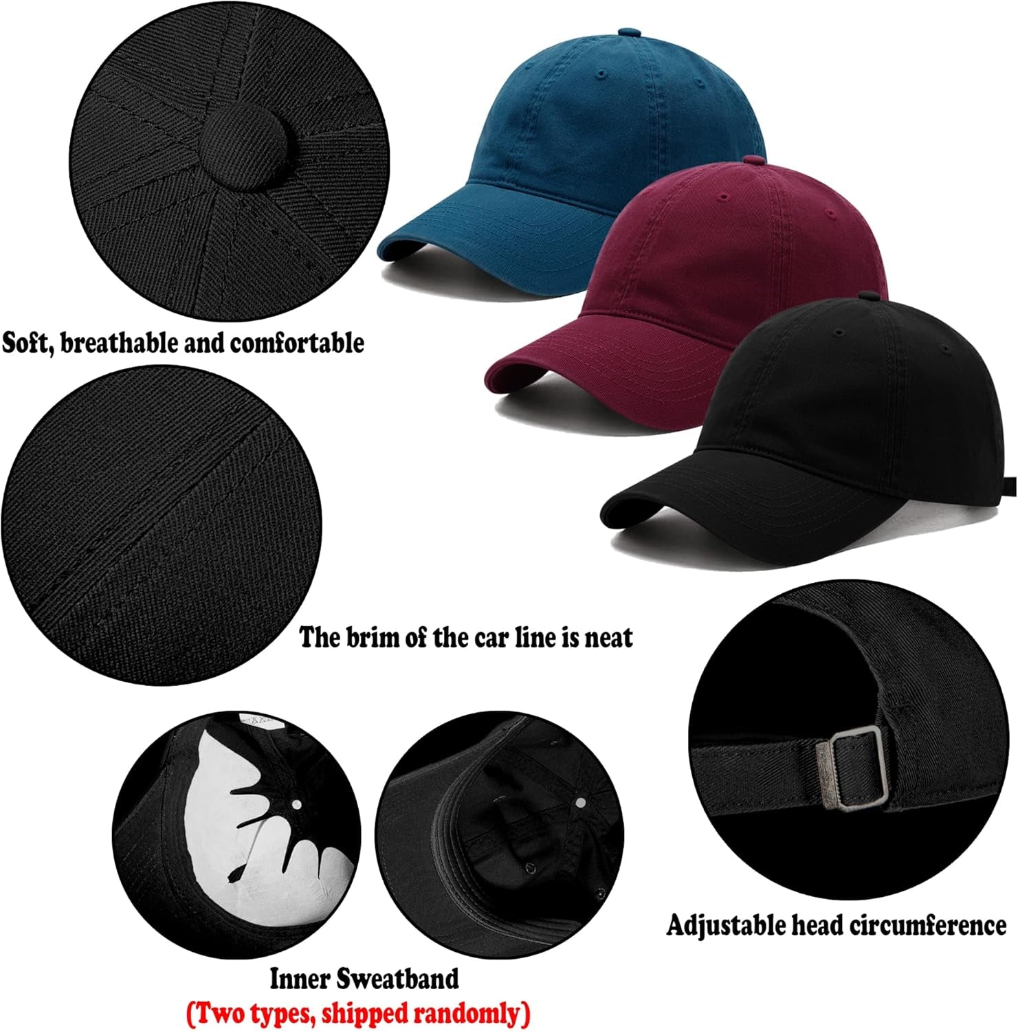 3 Pack Washed Plain Vintage Baseball Cap Cotton Adjustable Twill Bulk Low Profile Classic Dad Hat for Men/Women