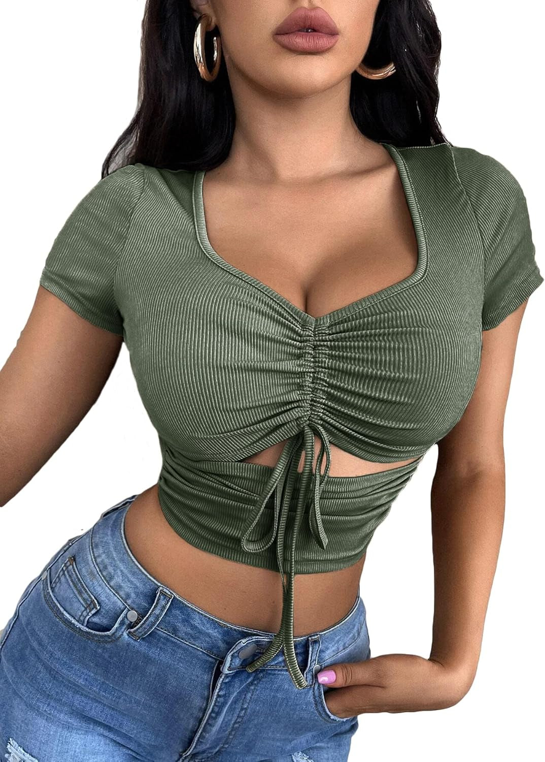 Women'S Summer Sexy Crop Top Ruched Y2K V Neck Slim Short Sleeve Casual Basic Knit T Shirt Workout Tops Army Green