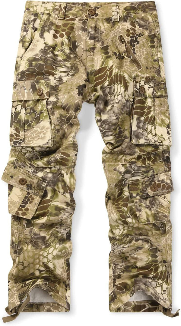 Men'S Cotton Casual Cargo Work Pants Baggy Camo Tactical Combat Trousers with 8 Pockets (No Belt)