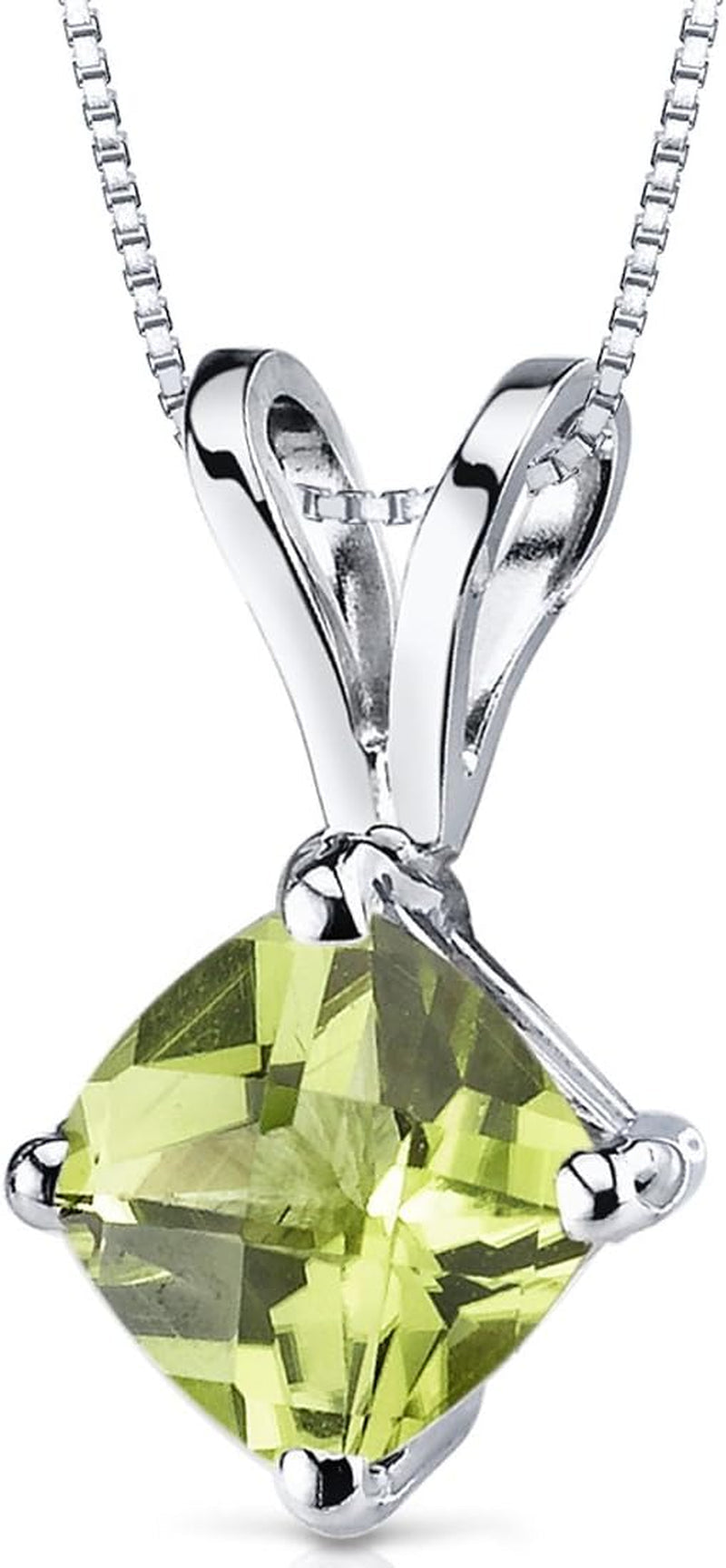 Solid 14K White Gold Peridot Pendant for Women, Genuine Gemstone Classic Solitaire, Cushion Cut, 6Mm, 1 Carat Total, Real Gold Peridot Jewelry, August Birthstone Necklace, W/Jewelry Box
