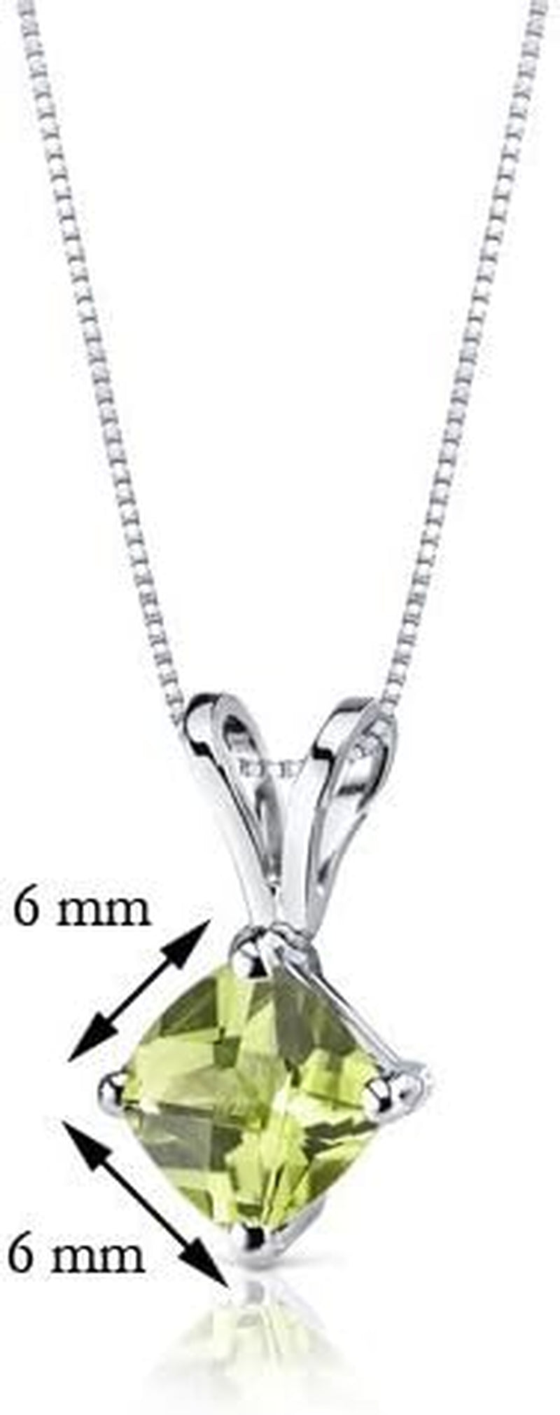 Solid 14K White Gold Peridot Pendant for Women, Genuine Gemstone Classic Solitaire, Cushion Cut, 6Mm, 1 Carat Total, Real Gold Peridot Jewelry, August Birthstone Necklace, W/Jewelry Box