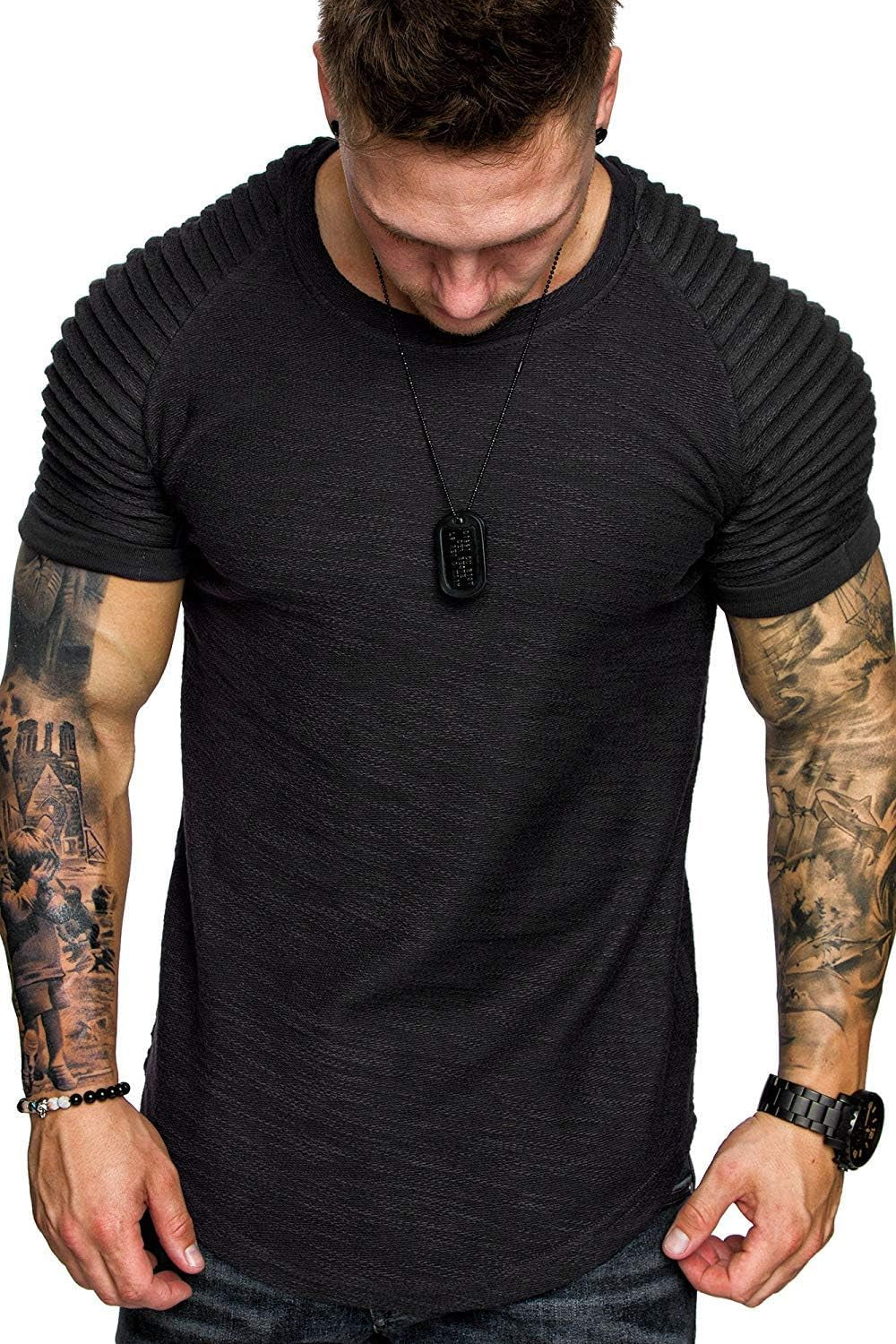 Men'S Muscle T-Shirt Pleated Raglan Sleeve Bodybuilding Gym Tee Short Sleeve Fashion Workout Shirts Hipster Shirt