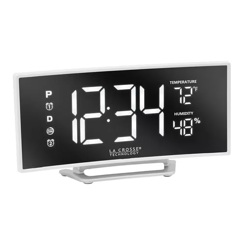 Curved Mirror LED Alarm Clock with Temperature & Humidity, USB Port