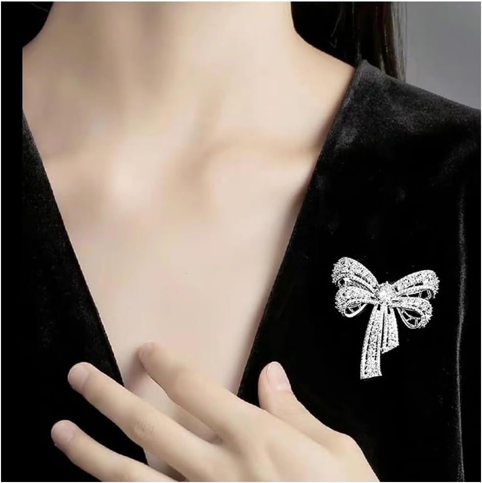 Rhinestone Bow Brooch Pin for Women Shiny CZ Crystal Pearl Dangling Ribbon Bow Knot Lapel Pins Wedding Party Dance Banquet Dress Suit Shirt Scraf Clip for Clothes Accessories Jewelry