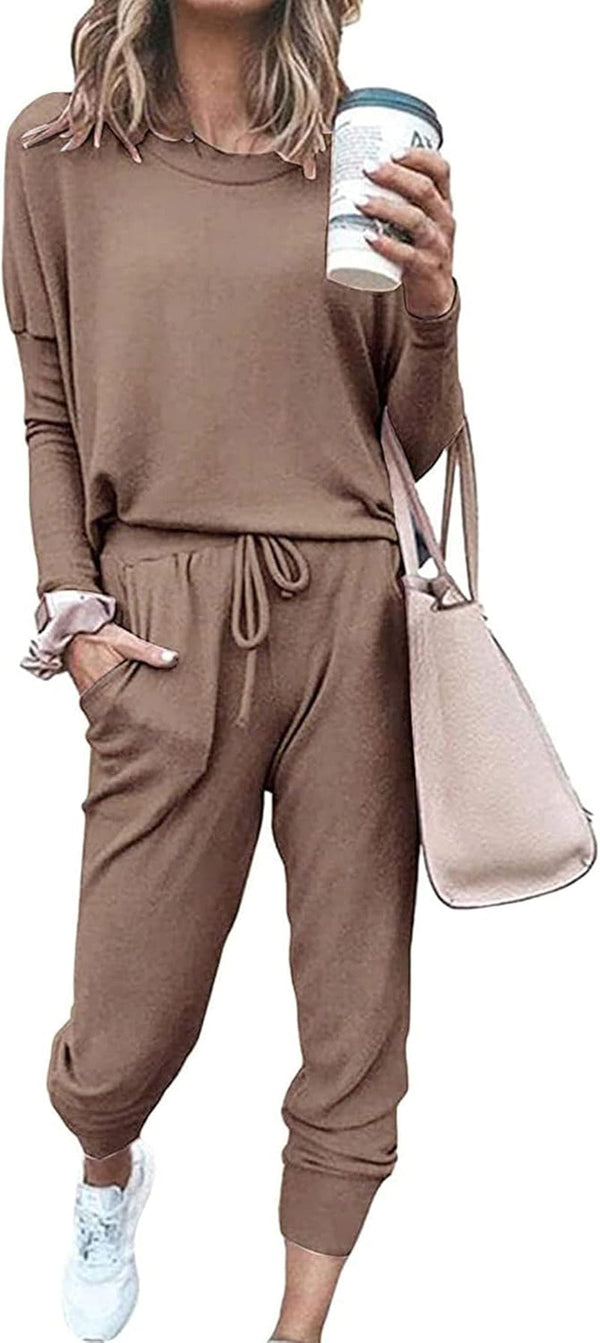 Women'S Fall 2 Piece Lounge Outfit Long Sleeve Crewneck Pullover Tops High Waisted Pants Set Tracksuit
