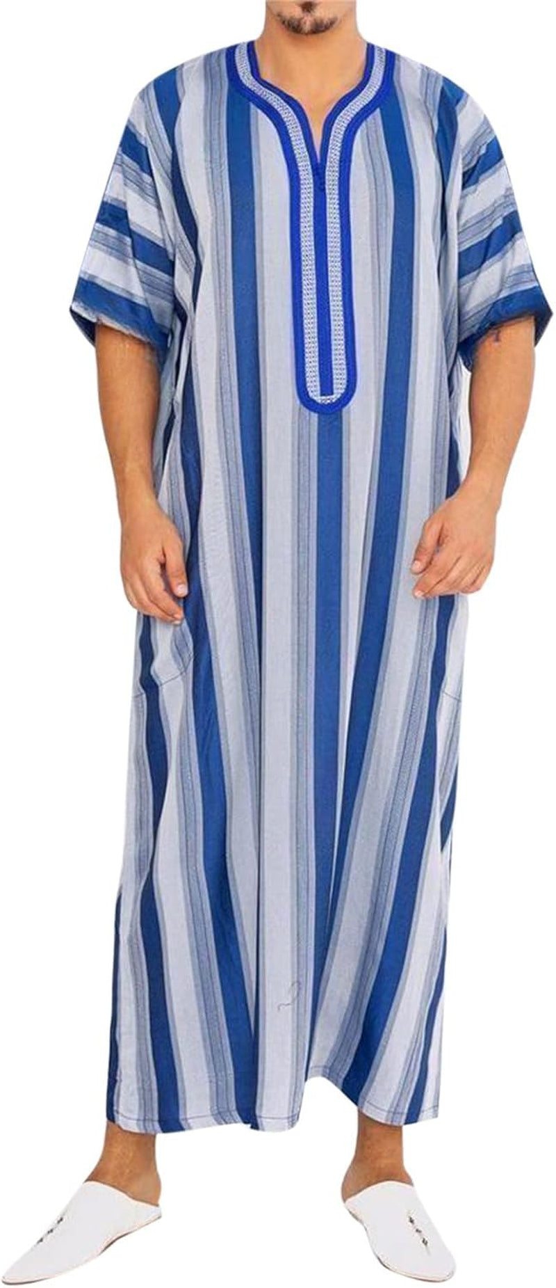 Men'S Muslim Robes Kaftan Thobe Saudi Arabic Middle East Islamic Robes Breathable Crew Neck Clothing Ramadan Jubbah