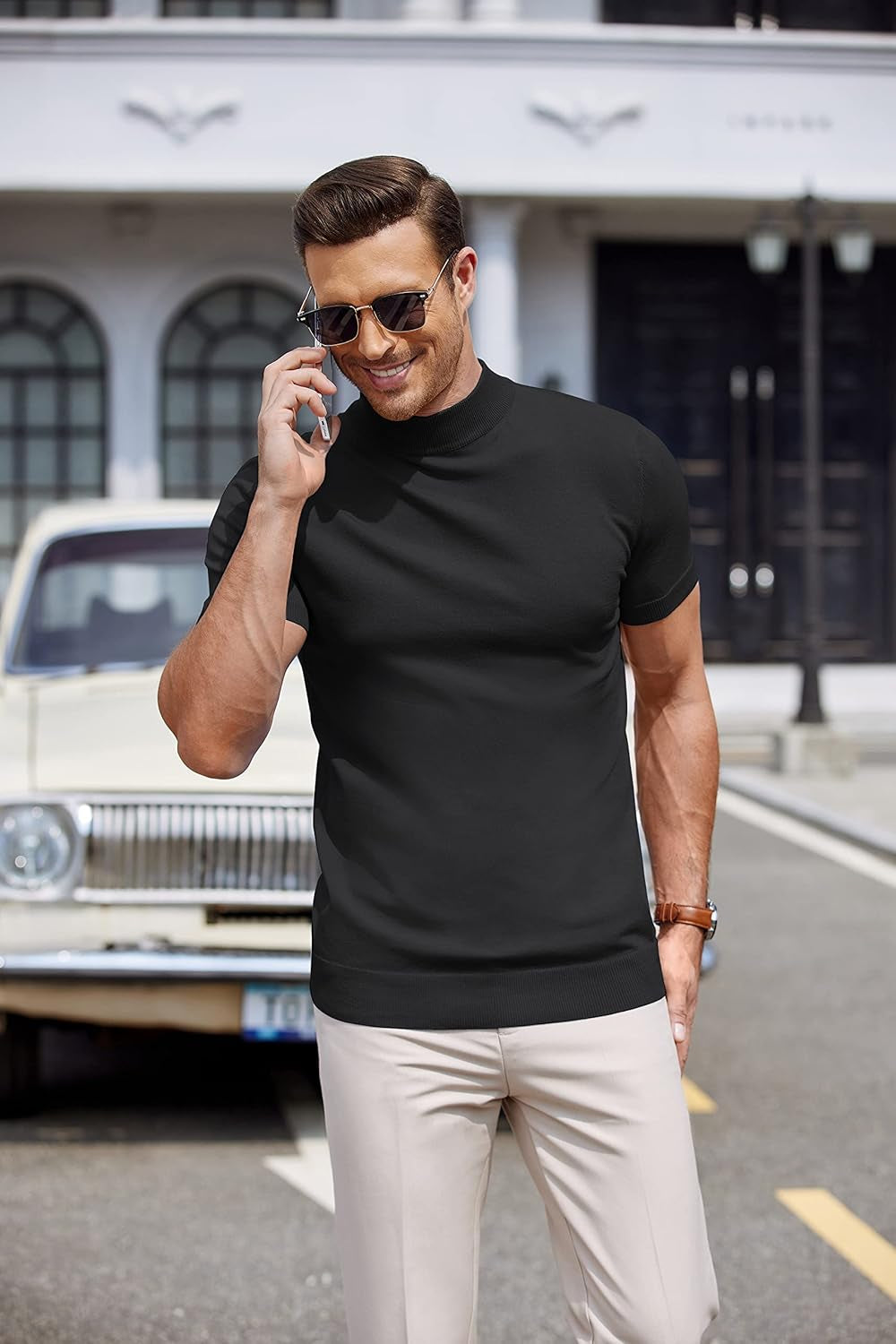 Mens Mock Turtleneck Sweater Short Sleeve Casual Dress Sweater Slim Fit Pullover Basic Knit Tee