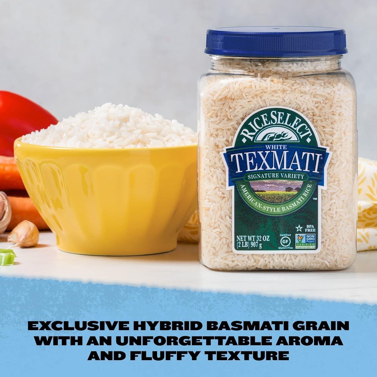 Texmati White Rice, Long-Grain Basmati Rice, Premium Gluten-Free Rice, Non-Gmo, Star-K Kosher, 32-Ounce Jar