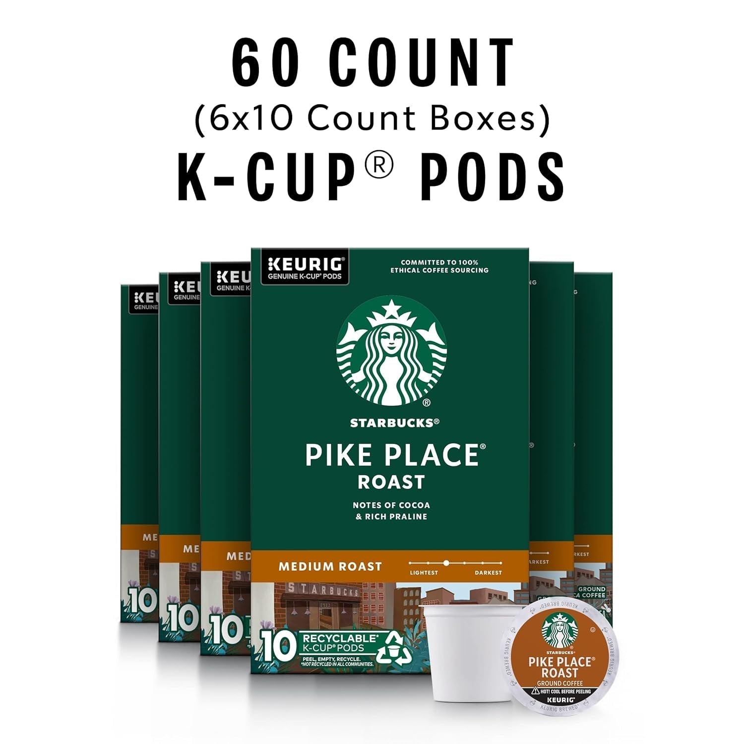 K-Cup Coffee Pods, Medium Roast Coffee, Pike Place Roast for Keurig Brewers, 100% Arabica, 6 Boxes (60 Pods Total)