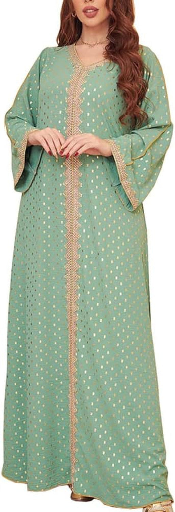 Womens Muslim Abaya Dress One-Piece V Neck Bronzing Dress Islamic Full Length Kaftan Daily Casual Dress