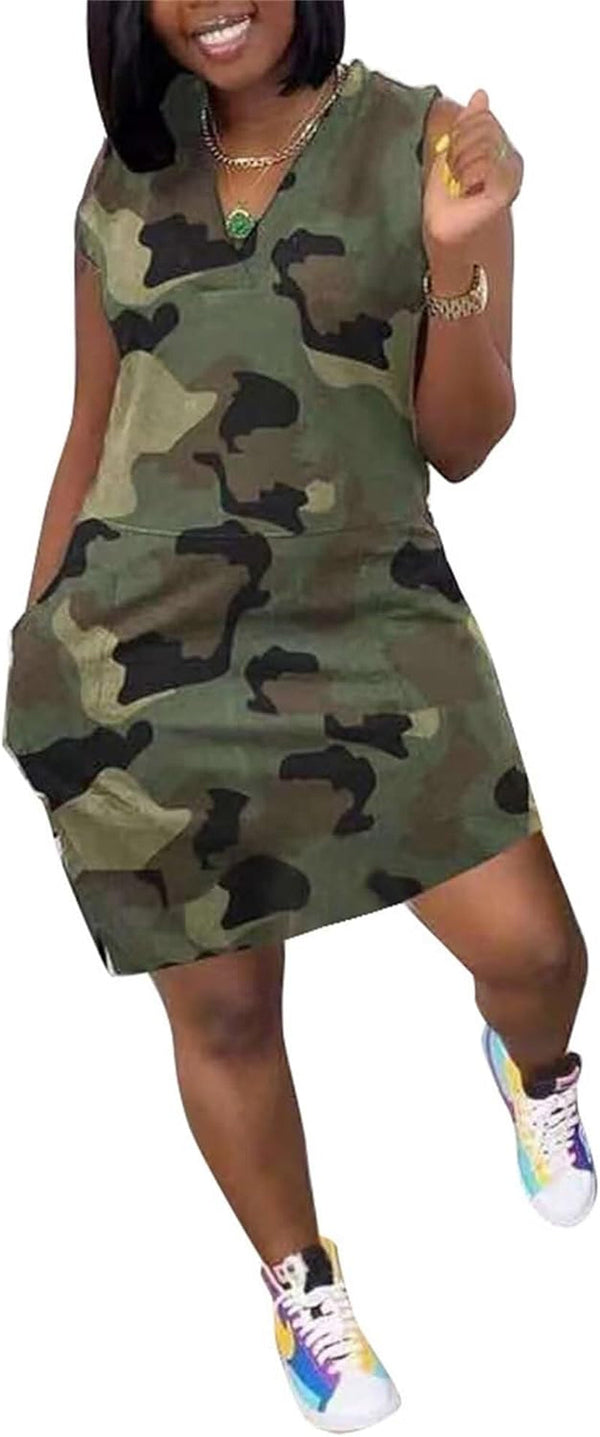 Women'S plus Size Camo Print V Neck Sleeveless Sundress Cargo Mini Dress with Pockets