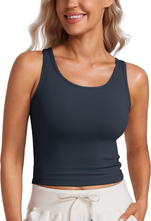 Womens Butterluxe Double Lined Workout Tank Tops Scoop Neck Racerback Cropped Casual Sleeveless Shirt