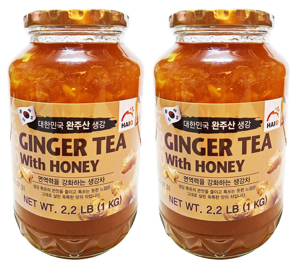 Haio Ginger Tea with Honey Refresh with Korean Herbal Tea Ginger Delight - Product of Korea 2 Glass Jars 2.2 Lb (1 Kg. ) Each