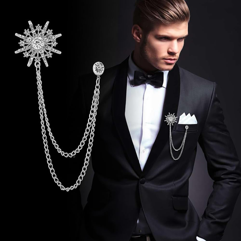 Sparkling Star Burst Chain Brooch Pin Crystal Rhinestone Snowflake Hanging Long Tassel Pins Clip Lapel Collar Suit Dress Hat Tuxedo Badges Clothes Accessories Brooches Pins Dainty Wedding Party Jewelry Gifts for Women Men Bridegroom