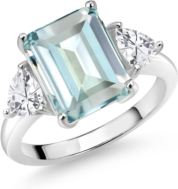 6.95 Cttw Sky Blue Simulated Aquamarine 3 Stone Engagement Ring for Women | 925 Sterling Silver | Emerald Cut 12X10MM | Trillion 5MM | Available in Size 5, 6, 7, 8, 9