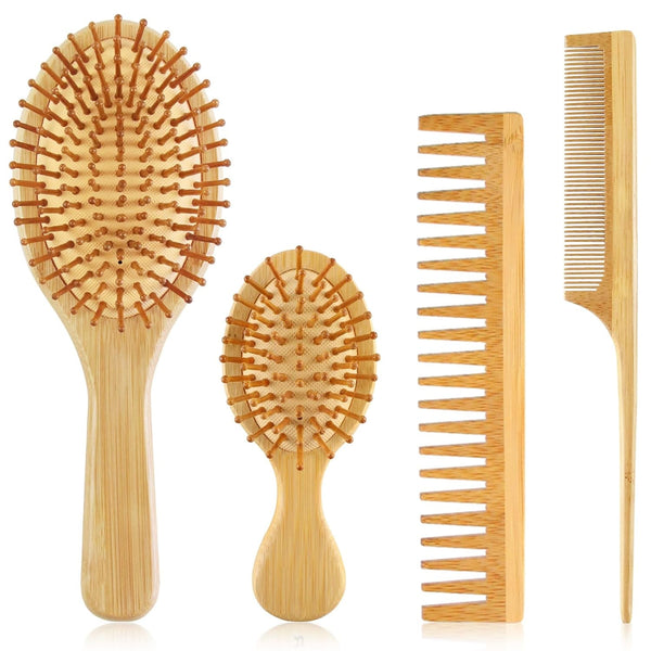 4 PCS Bamboo Hair Brush Set with Natural Wooden Wide-Tooth and Tail Comb Big and Mini Paddle Detangling Hairbrush for Women Men Kids and Baby Thick Thin Curly Straight Dry