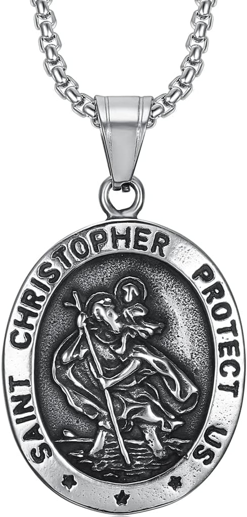 Retro Vintage Stainless Steel Saint Christopher Protect Us Holy Cross Religious Pendant Necklace