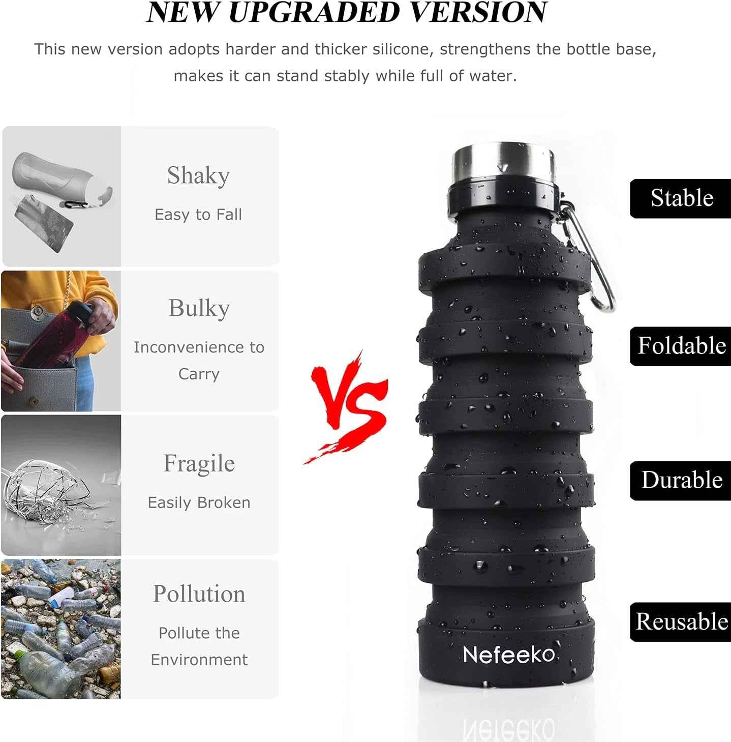 Collapsible Water Bottle, Reuseable BPA Free Silicone Foldable Water Bottles for Travel Gym Camping Hiking, Portable Leak Proof Sports Water Bottle with Carabiner