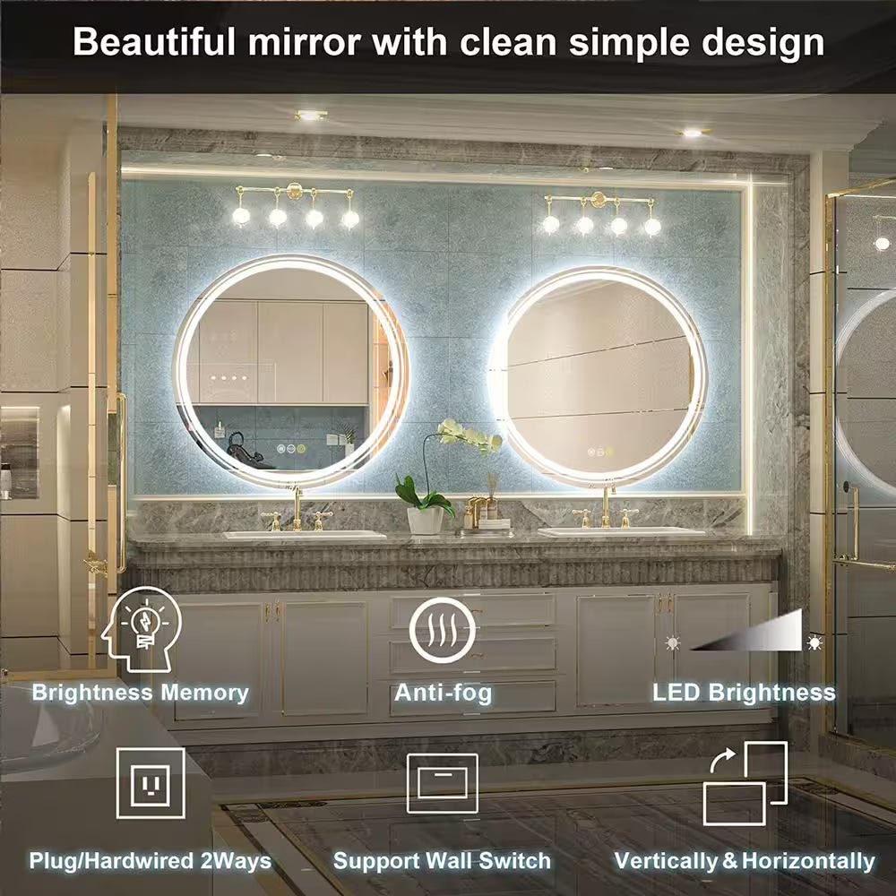 32 In. W X 32 In. H Large round Frameless Defog Dual Front LED Backlit Wall Mounted Bathroom Vanity Mirror Super Bright