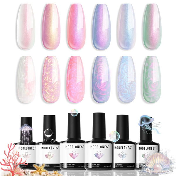 Pearl Gel Nail Polish Set, 6 Colors Aurora Iridescent Shimmer White Pink Purple Mermaid Nail Drawing Gel Polish Soak off Led Glitter Nail Polish Swirl Shell Thread Effect DIY Gift