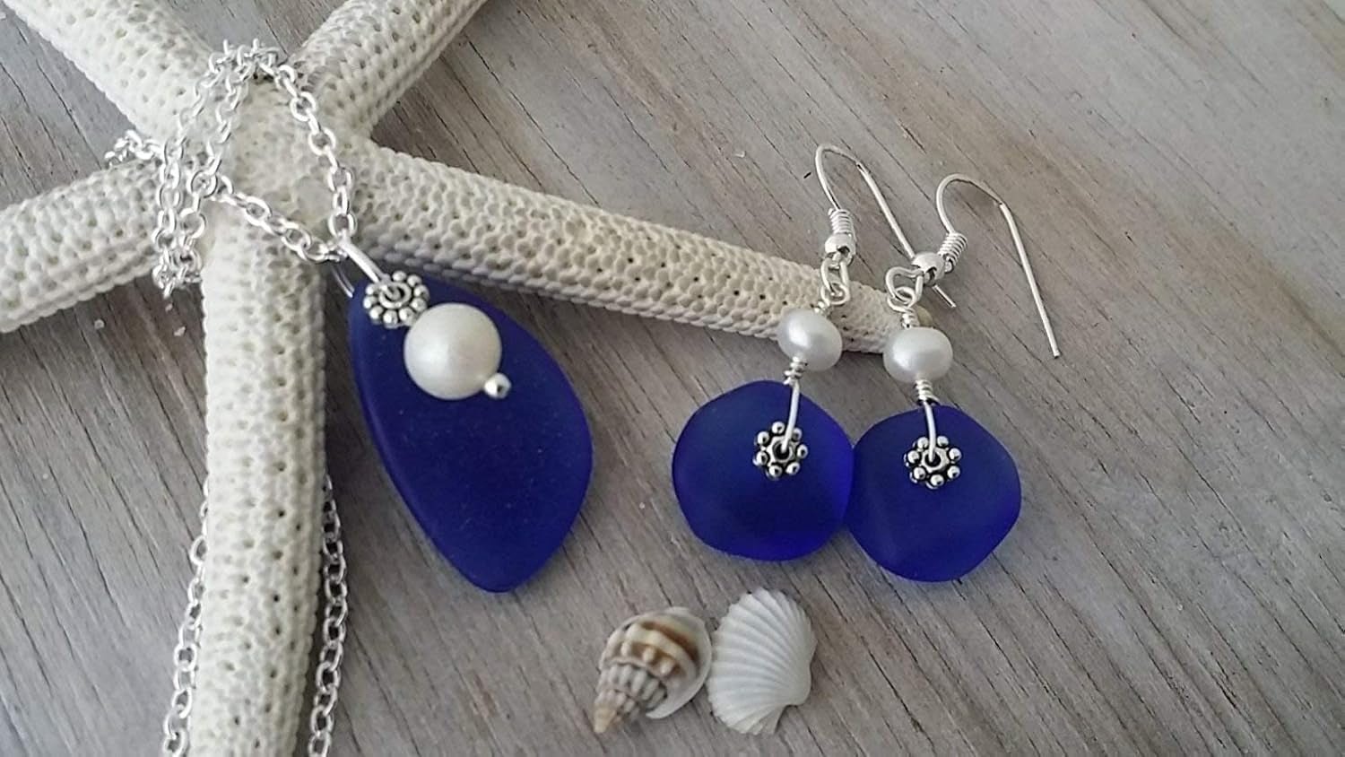September Birthstone, Cobalt Blue Sea Glass Necklace+Earrings Set, Natural Pearl, Sea Glass Earrings, (Hawaii Gift Wrapped, Customizable Gift Message)