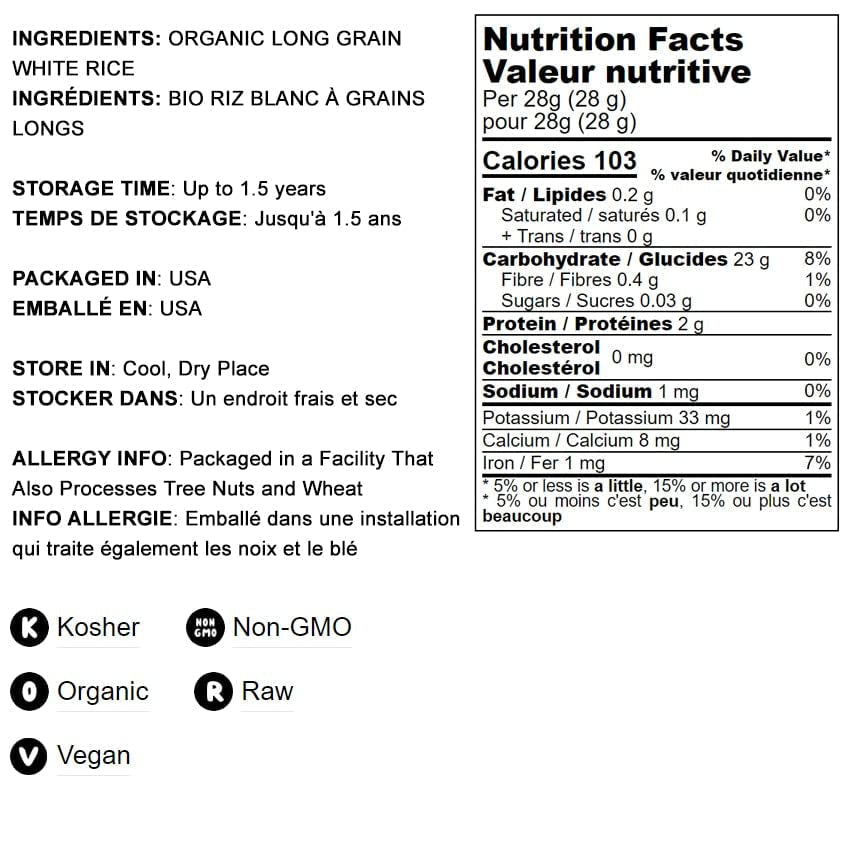 Organic Long Grain White Rice, 5 Pounds – Non-Gmo, Vegan, Kosher. Easy to Cook. Stays Separate and Fluffy. Low in Fat. Contains Iron. Perfect for Stuffing, Pilafs, Salads.
