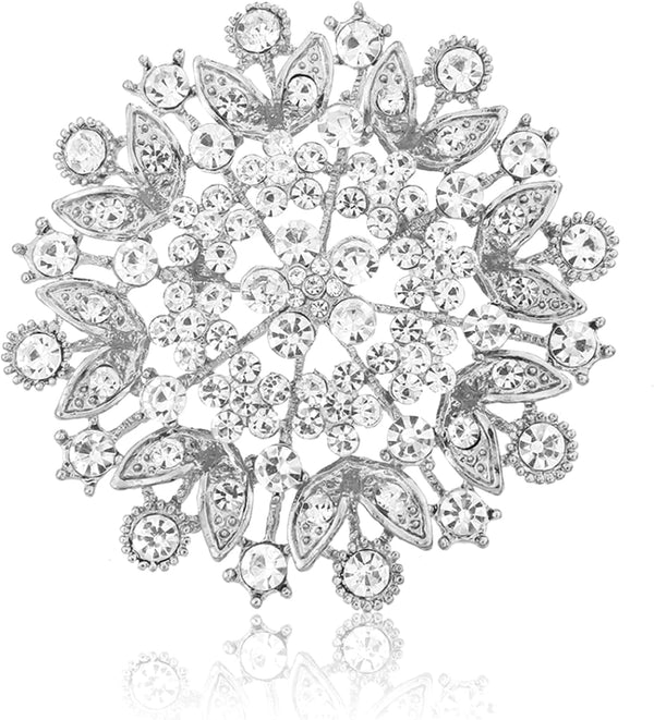 Silver Brooches for Women Diamond Crystal Flower Leaf Brooch Pin Large Elegant Bridal Corsage for Dress Wedding Accessories Sparkling Crystal Brooches Stylish Pins for Special Occasions