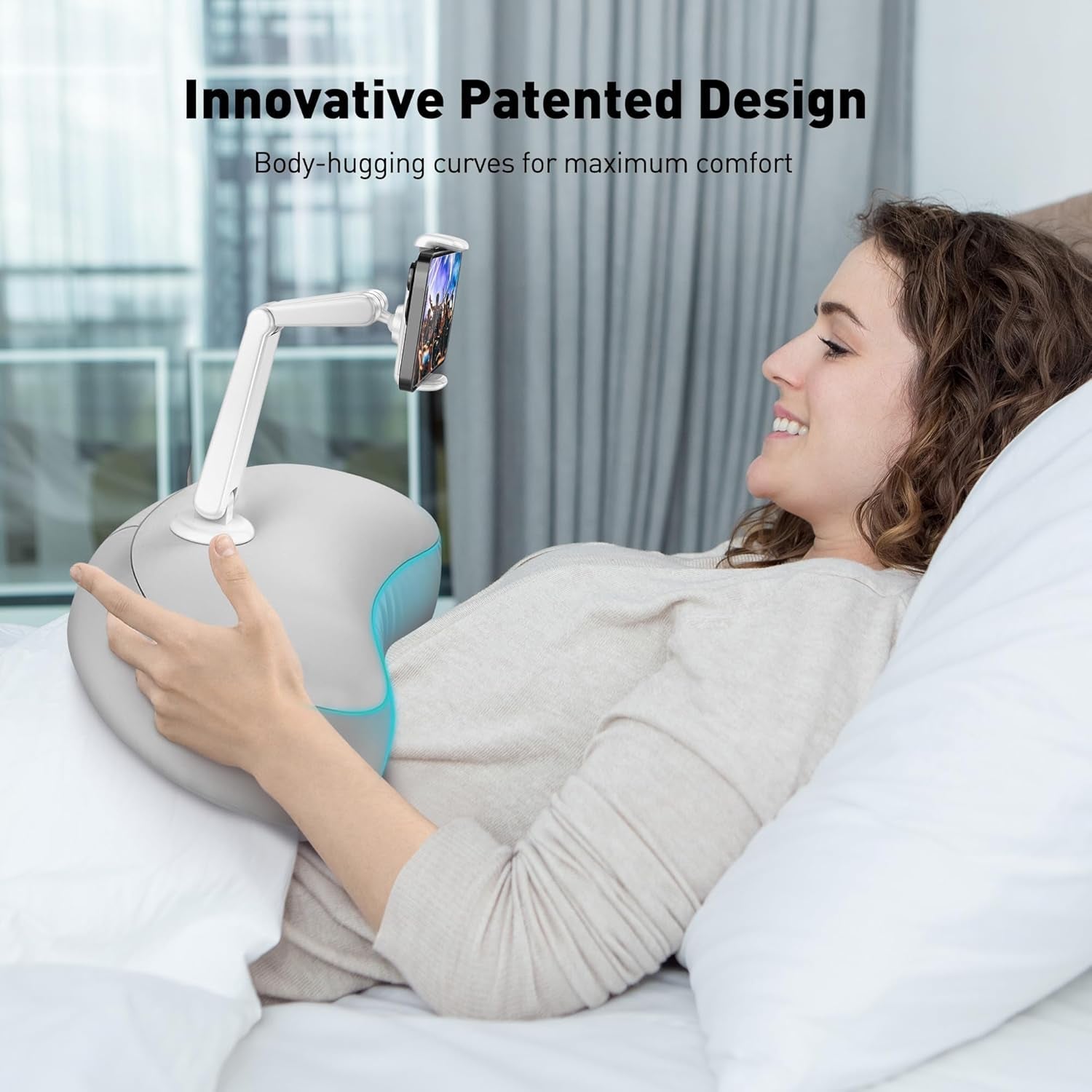 Pillow Phone Holder for Bed, 360° Bed Phone Holder Laying Down, Hands-Free Iphone Stand for Bed/Sofa/Lap, Compatible W/ 4.7"-7.0" Cell Phones, Flexible Dual Arm with Microbead Cushion