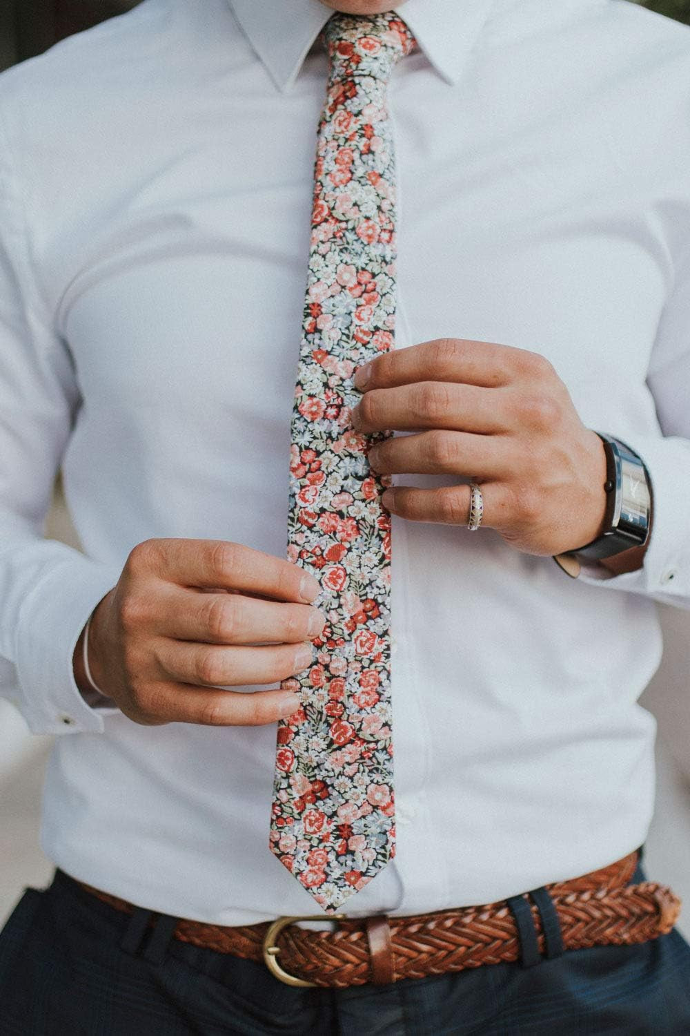 Men'S Skinny Tie Floral Print Cotton Necktie, Great for Weddings, Groom, Groomsmen, Missions, Dances, Gifts.