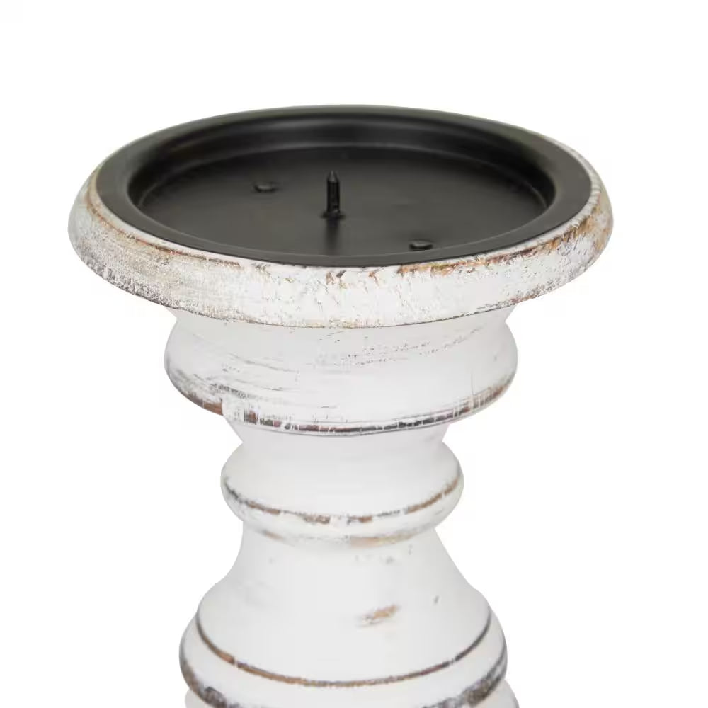 White Mango Wood Turned Style Pillar Candle Holder (Set of 3)