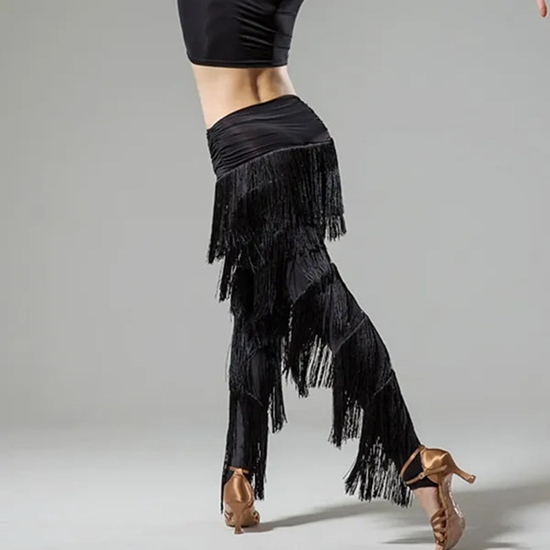 Womens Adult Dancewear Latin Rumba Cha Cha Samba Belly Dance Tassel Fringe Pants Trousers Black